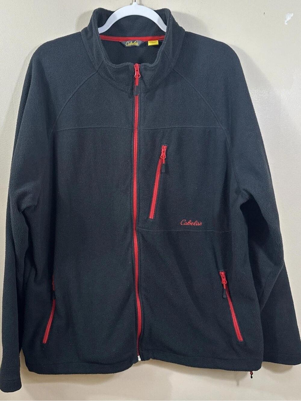 Cabela's Fleece Jacket Mens Black Full Red Zip Size 2XL Hiking Outdoor Camping